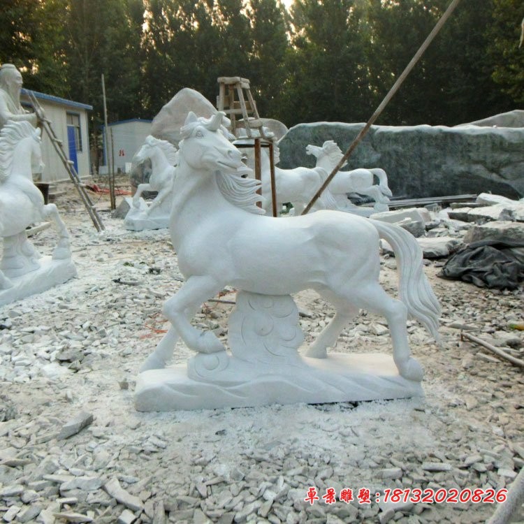 踏浪奔跑的马石雕，大理石公园动物石雕 