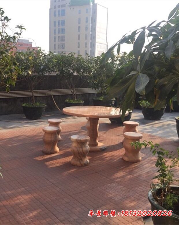 庭院晚霞红桌凳  石雕圆形桌凳