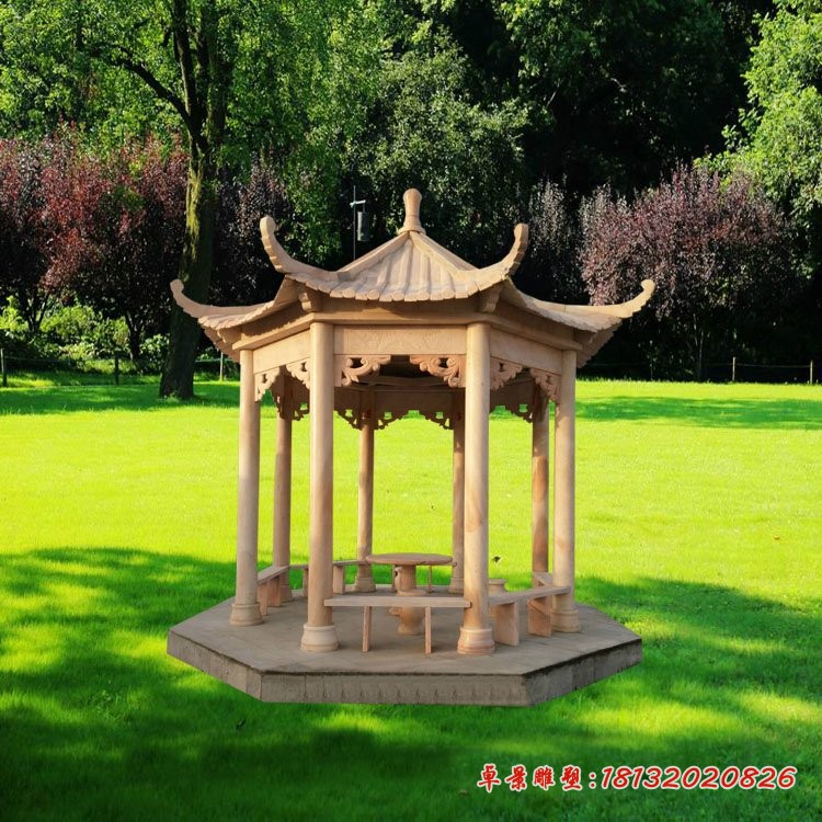 晚霞红八角凉亭，公园石凉亭