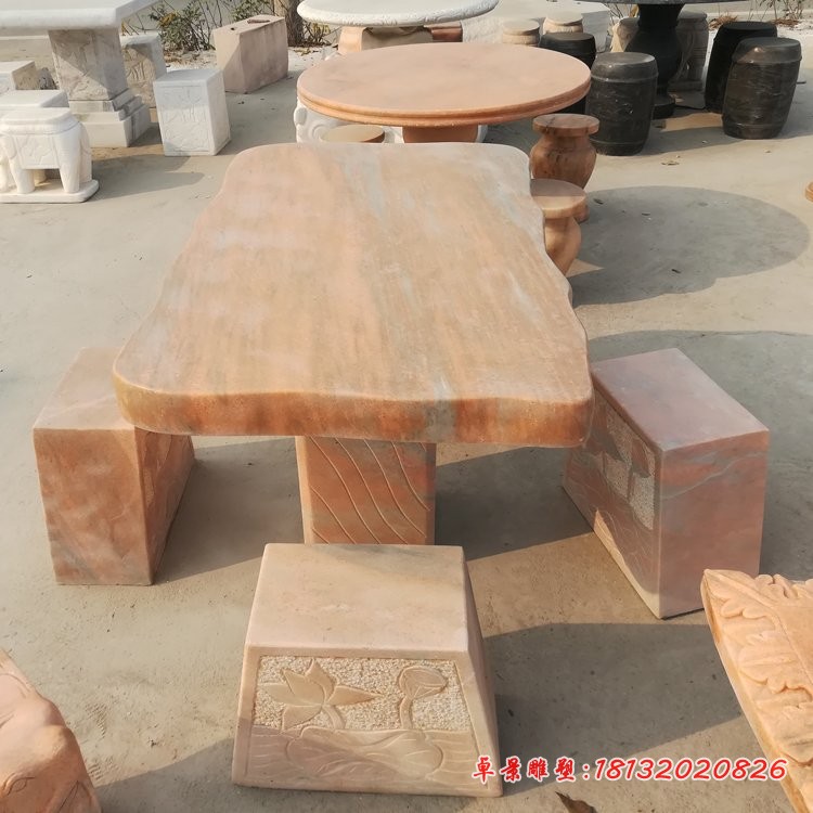 晚霞红方形桌凳，公园方桌凳石雕