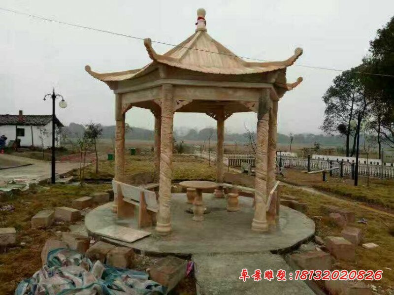 晚霞红六角凉亭 公园石雕凉亭 