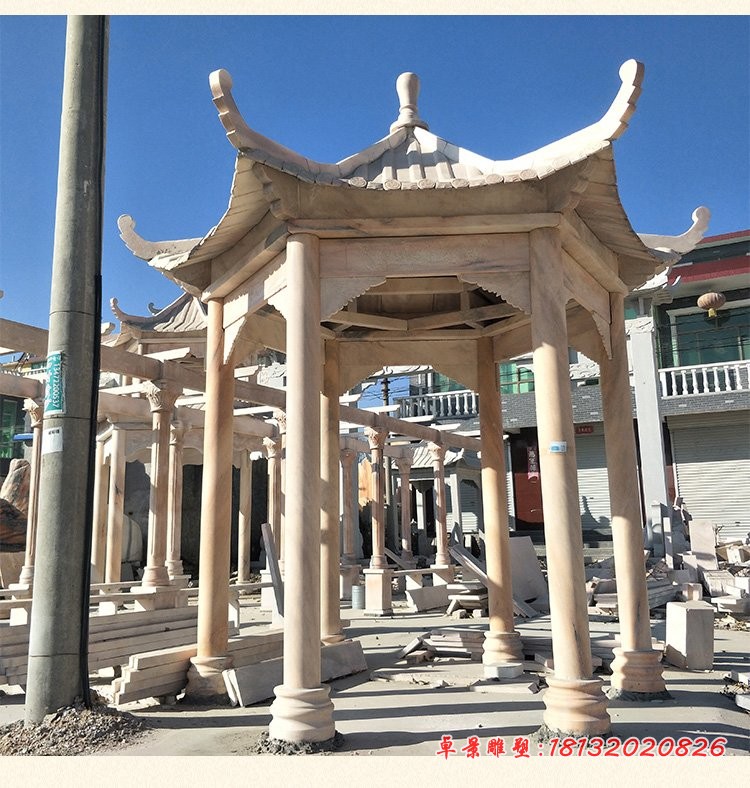 晚霞红六角凉亭 公园石雕凉亭