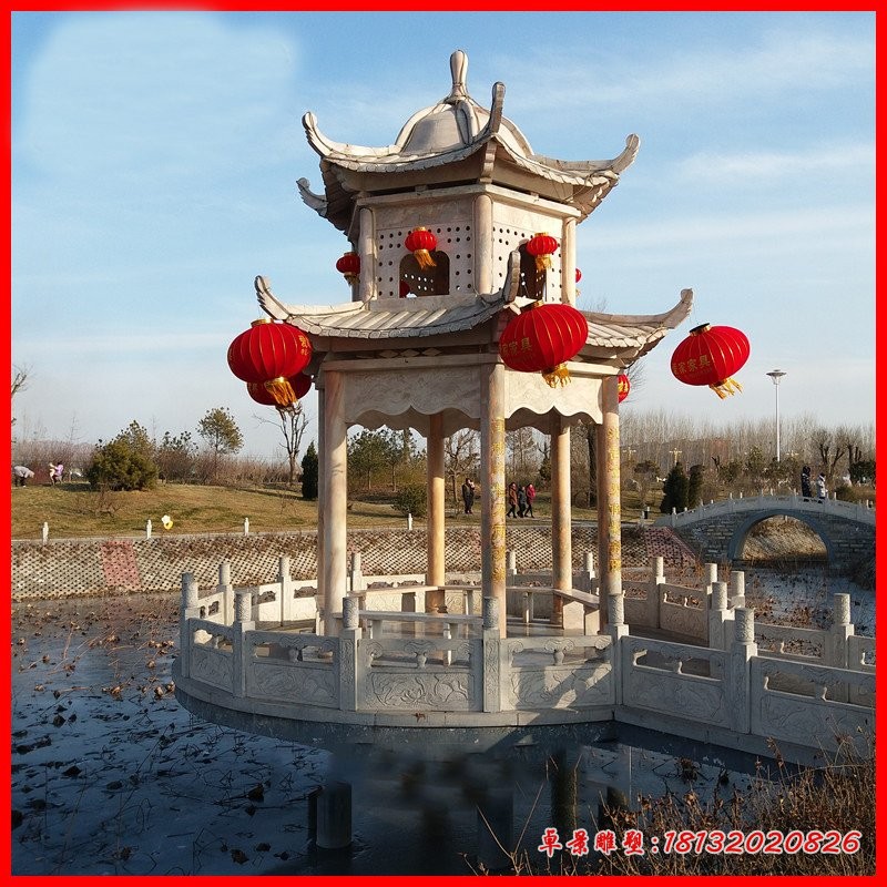 晚霞红六角双层凉亭，公园石雕凉亭