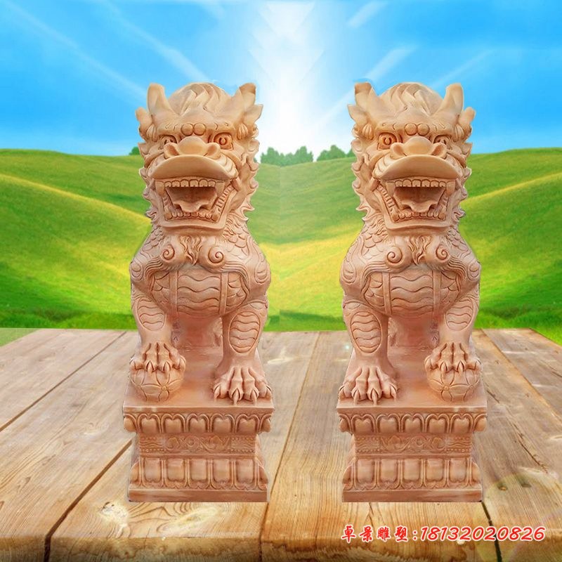 晚霞红门口麒麟石雕  石雕坐式踩球麒麟 (3)