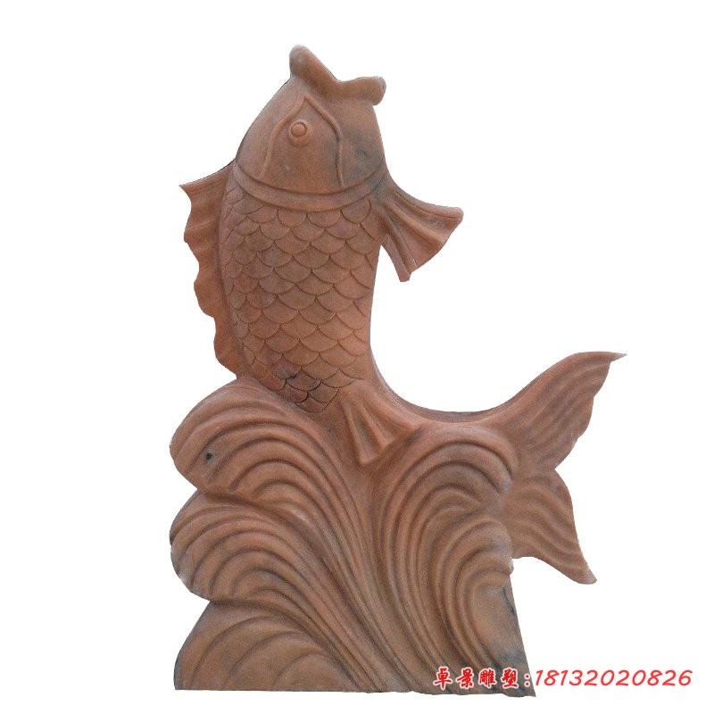 晚霞红喷水鲤鱼，石雕喷水鱼 