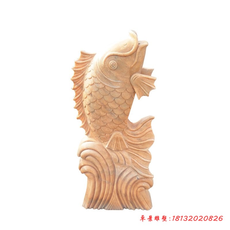 晚霞红喷水鲤鱼，石雕喷水鱼