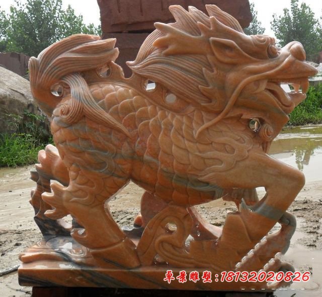 晚霞红麒麟雕塑 石雕镇宅麒麟 