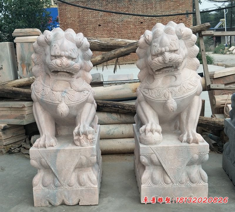 晚霞红狮子雕塑，小型石狮子