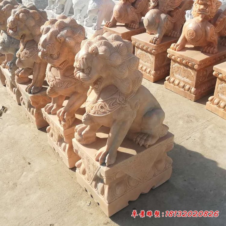 晚霞红狮子石雕  门口踩球北京狮石雕