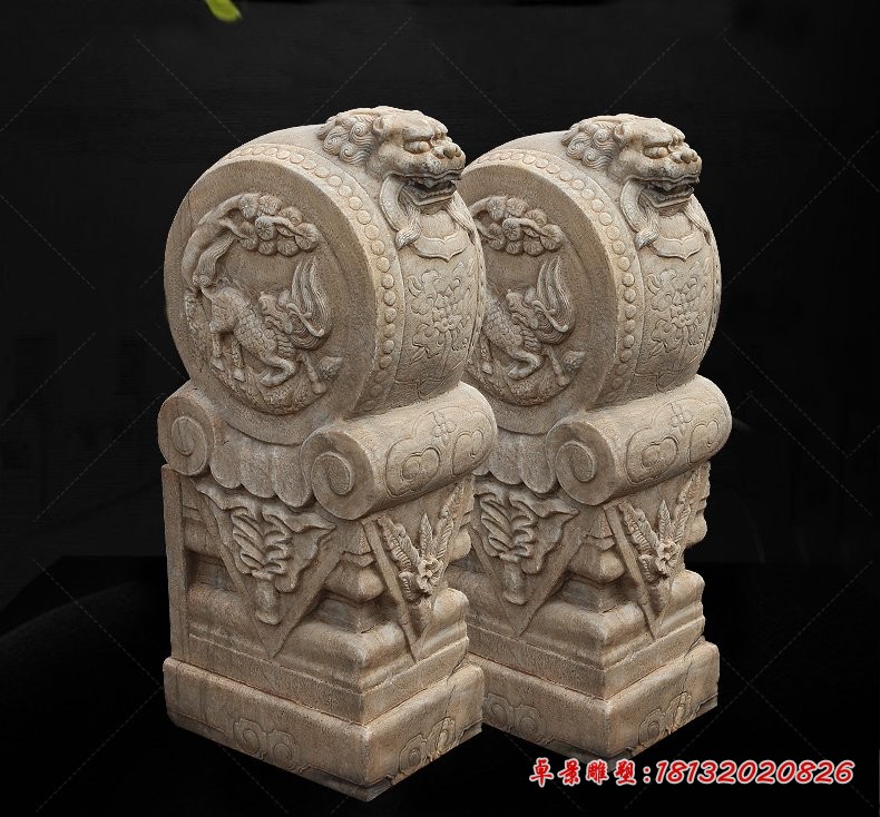 抱鼓石雕塑，招财门墩
