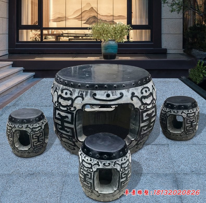 大鼓形石桌凳，庭院景观石雕