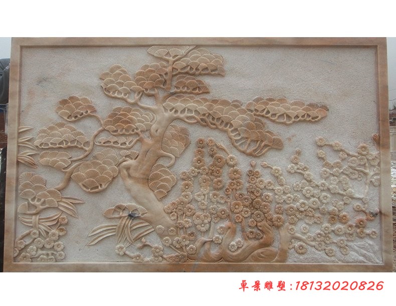 大理石松梅浮雕，园林景观石浮雕