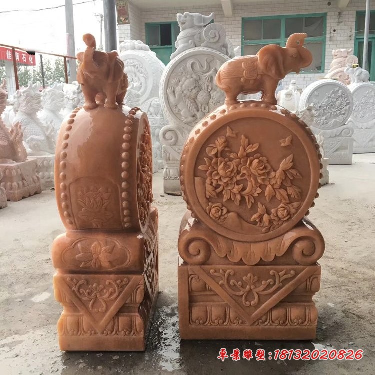 大象抱鼓石 晚霞红牡丹浮雕石门墩 