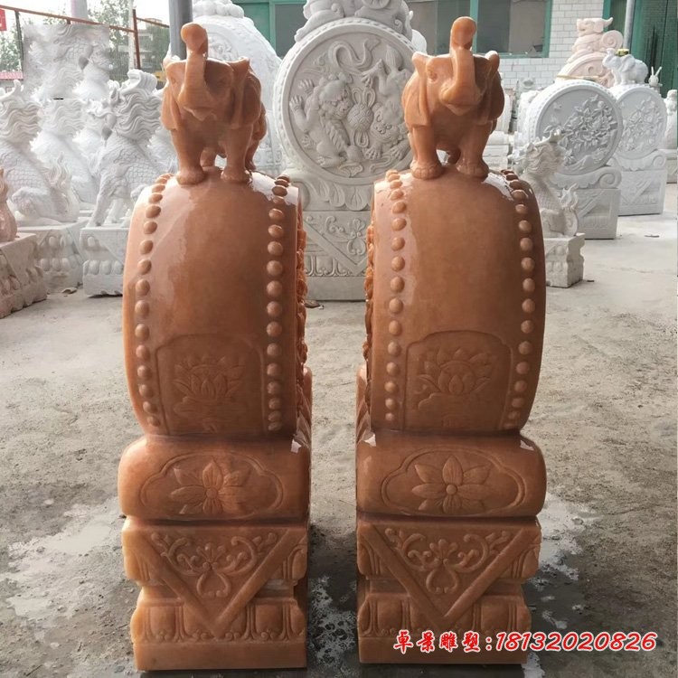 大象抱鼓石 晚霞红牡丹浮雕石门墩 