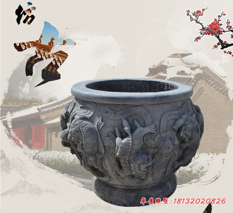 仿古石水缸，圆形水缸雕塑