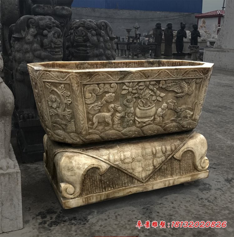 仿古水缸，石浮雕水缸