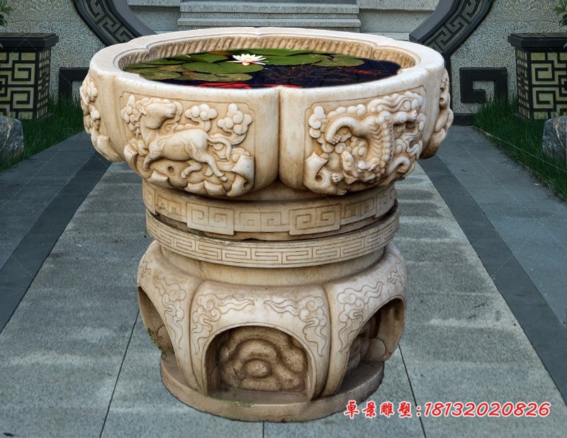 汉白玉石雕鱼缸，园林景观石雕