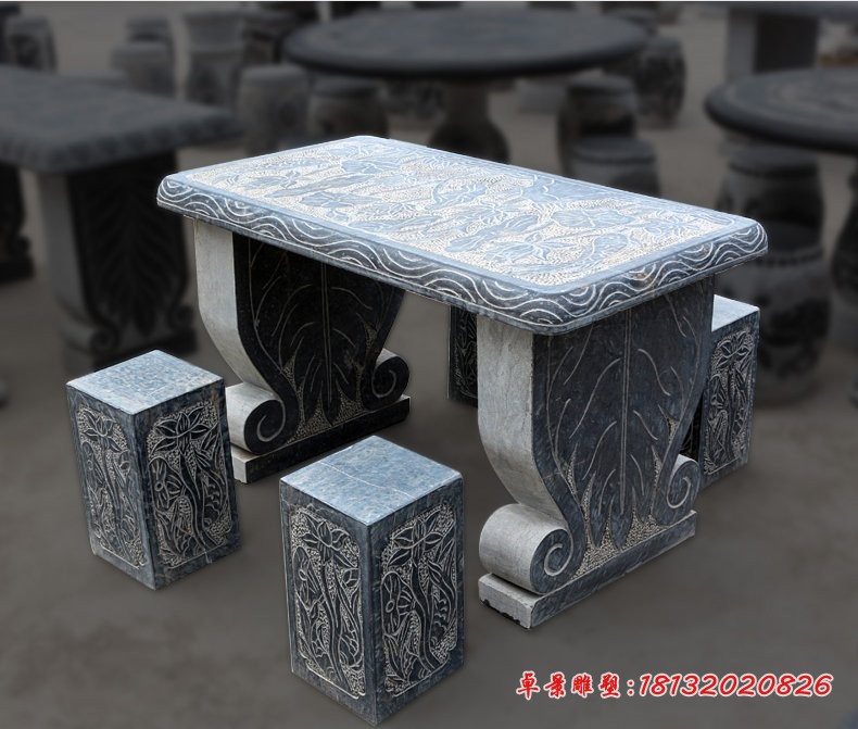 富贵有余浮雕桌凳，公园景观石雕 