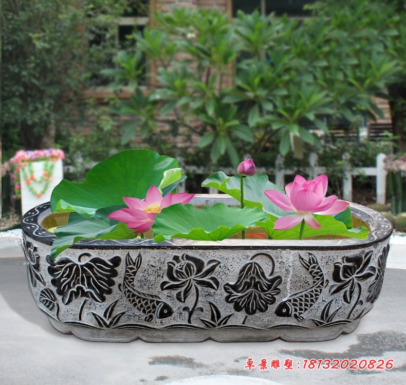 公园景观石雕，连年有余浮雕鱼缸