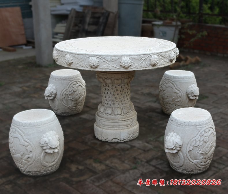 公园景观石雕，圆形石桌凳