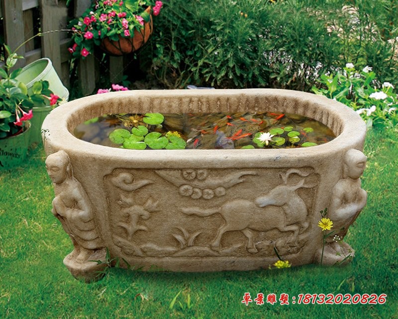 公园石浮雕鱼缸，石头鱼缸