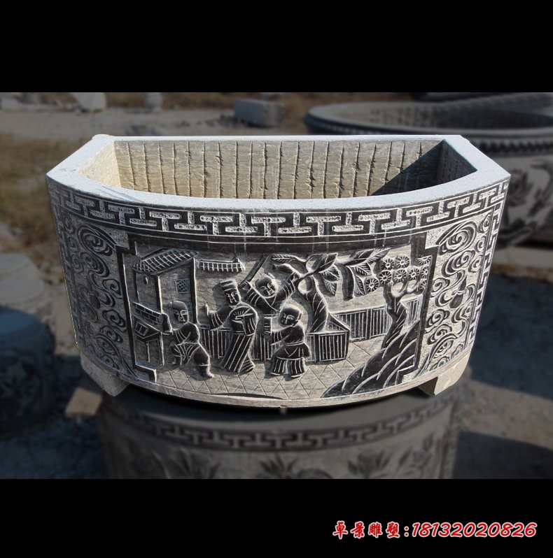 古代人物浮雕水缸，仿古石浮雕水缸