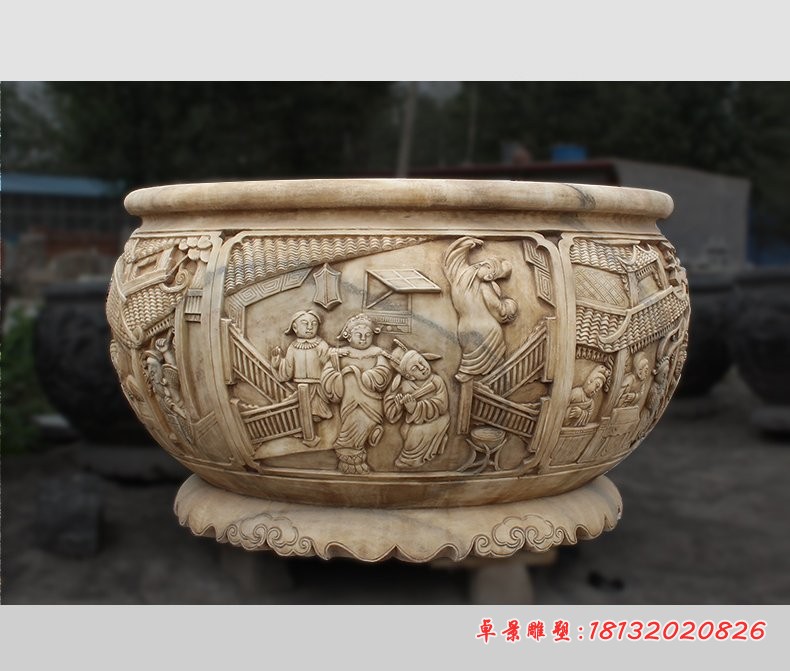 古代人物浮雕水缸，石雕水缸