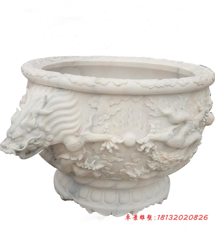 汉白玉双龙戏珠石水缸 庭院圆形水缸石雕