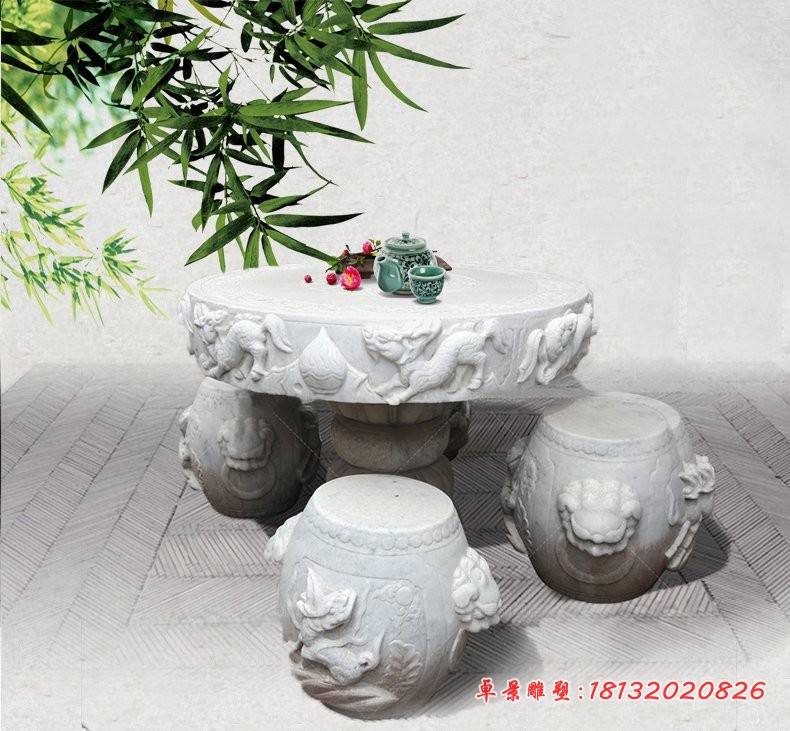 汉白玉桌凳，茶楼景观石雕