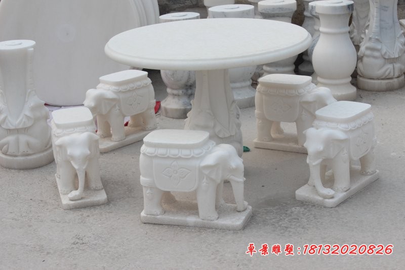 大象桌凳石雕汉白玉石桌石凳 