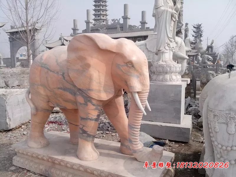 公园大象雕塑晚霞红石雕大象 (2)