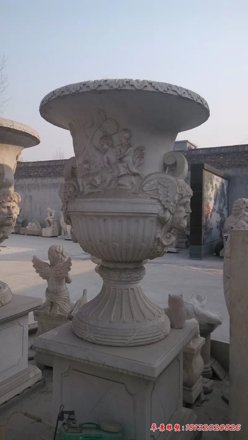 汉白玉花盆石雕欧式石花盆雕塑 
