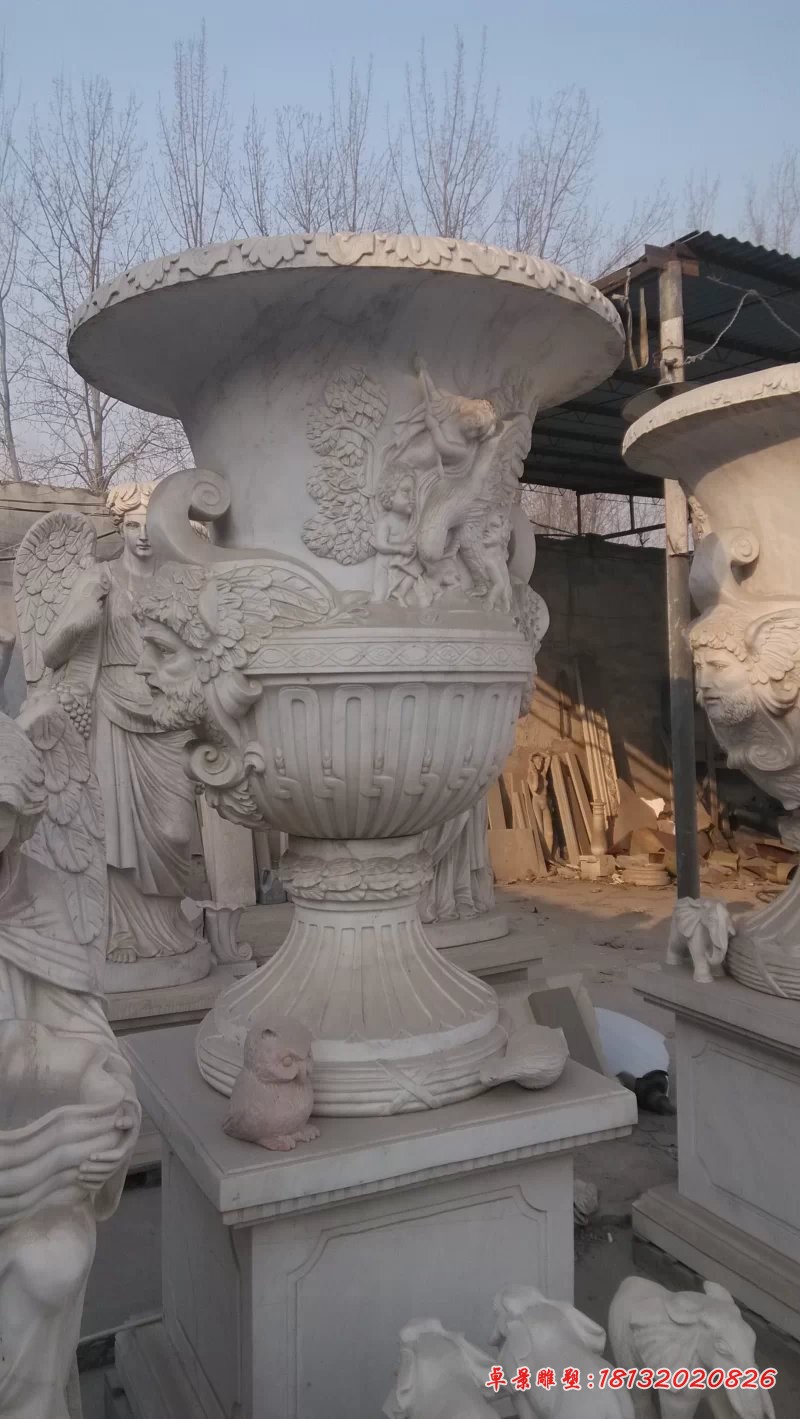 汉白玉花盆石雕欧式石花盆雕塑 