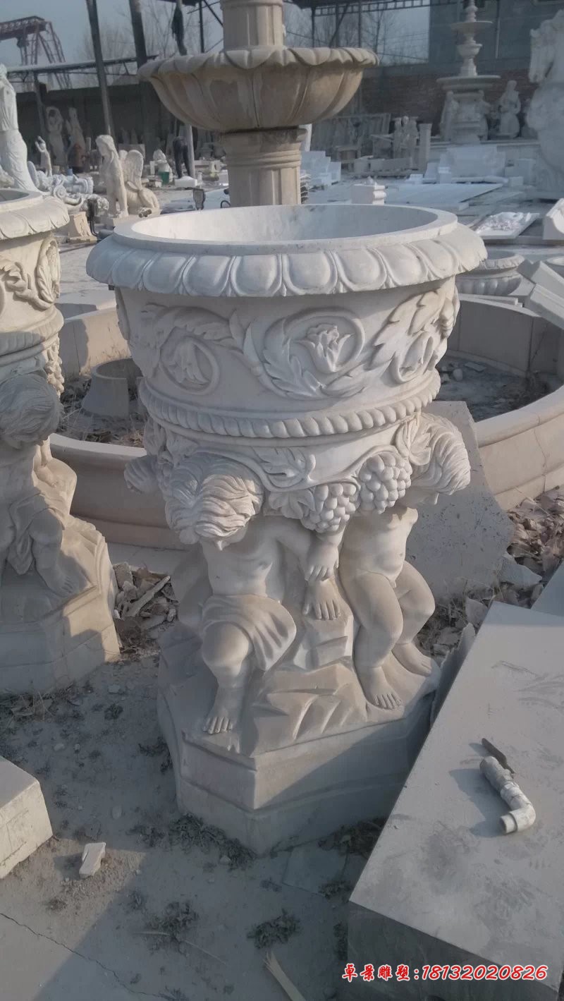 汉白玉花盆石雕欧式石花盆雕塑 