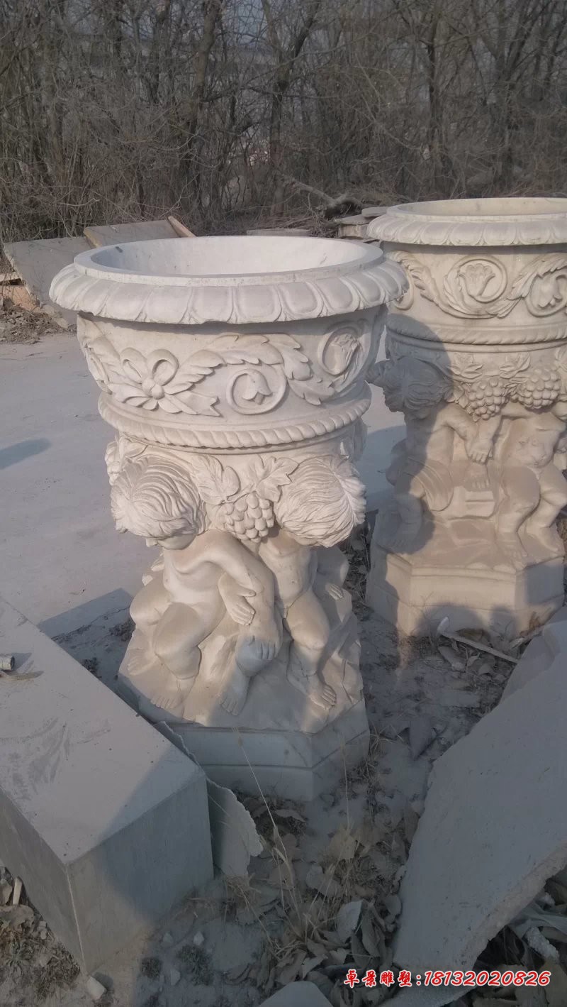 汉白玉花盆石雕欧式石花盆雕塑 