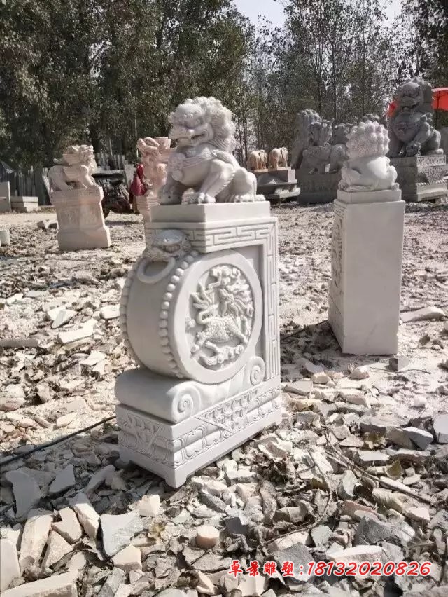 汉白玉门墩石雕狮子石抱鼓雕塑 