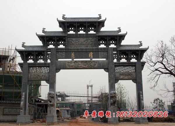 牌坊石雕大理石三门牌坊雕塑 