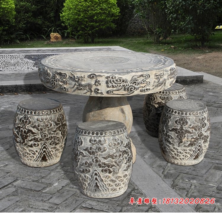 麒麟浮雕圆形石桌凳，公园景观石雕