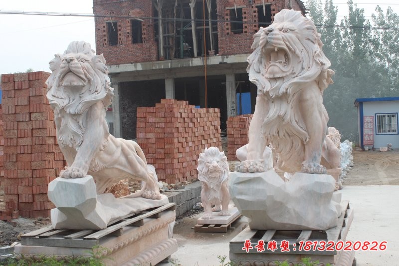 企业狮子石雕晚霞红西洋狮子 