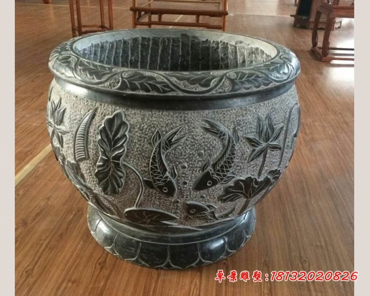 青石仿古荷花鲤鱼浮雕水缸  公园圆形水缸石雕 