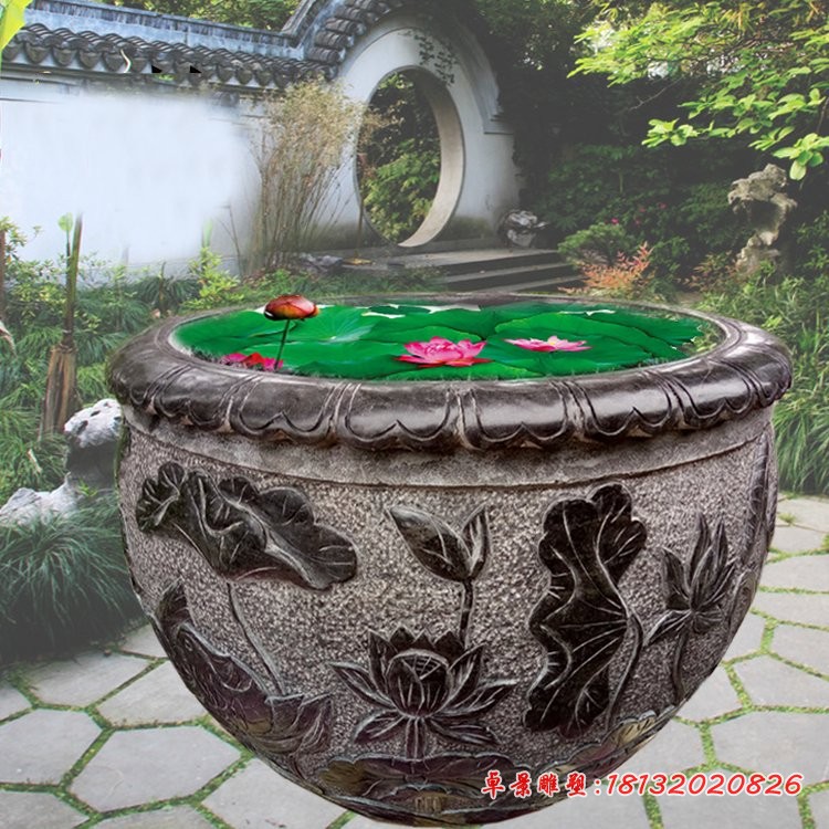 青石仿古荷花缸 莲花浮雕石水缸 