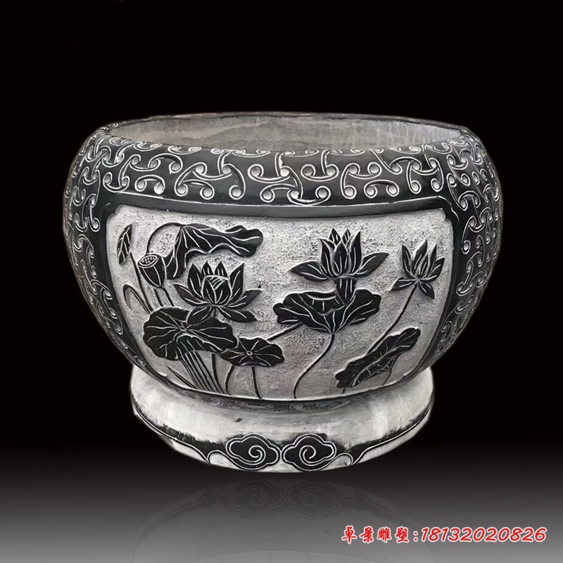 青石仿古荷花缸 莲花浮雕石水缸