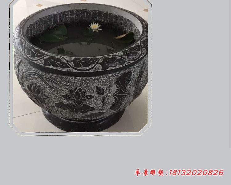 青石仿古荷花鲤鱼浮雕水缸  公园圆形水缸石雕 
