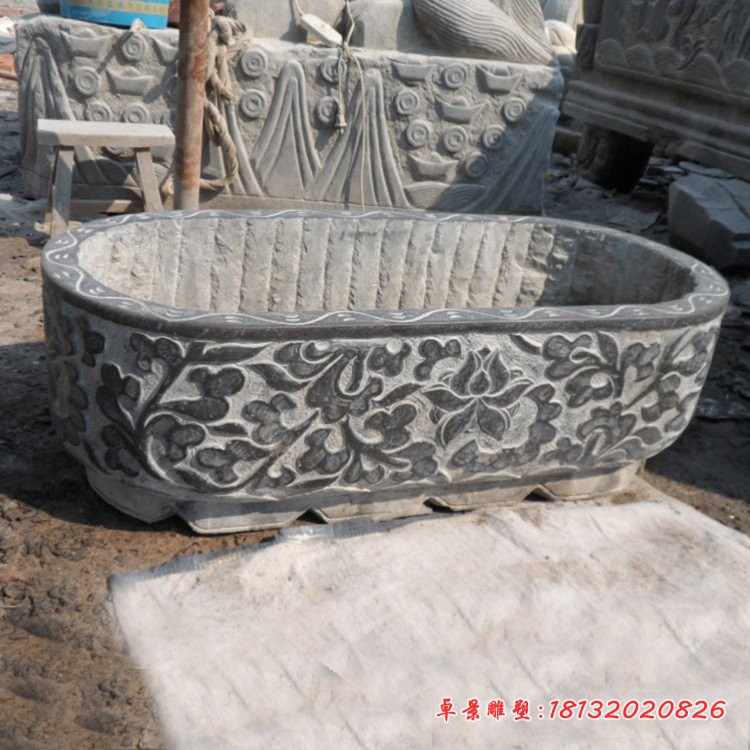 青石仿古长方形水缸 花纹浮雕石水缸