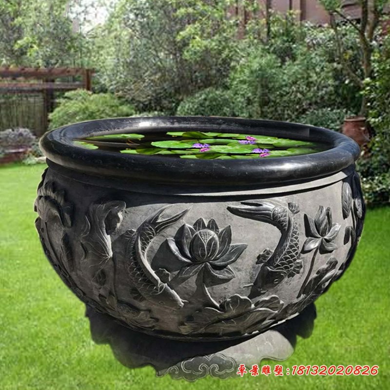 青石荷花缸 庭院圆形水缸石雕 