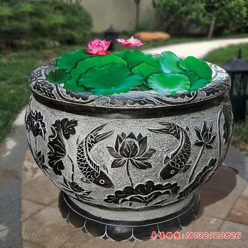 青石荷花缸 庭院圆形水缸石雕 