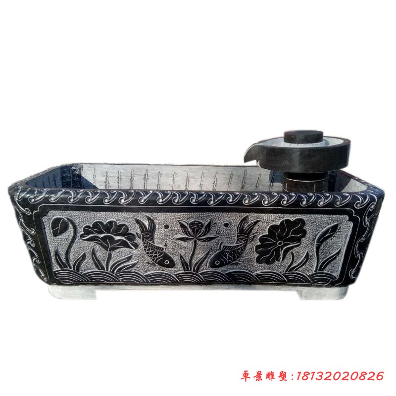 青石流水摆件 荷花鲤鱼浮雕石水缸 