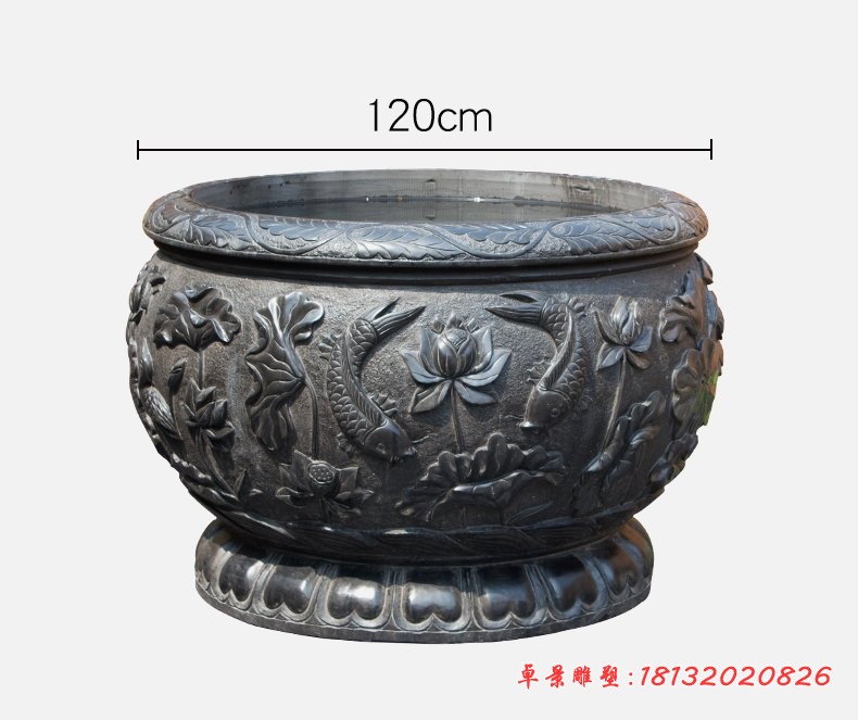 青石水缸，荷花鲤鱼石浮雕水缸