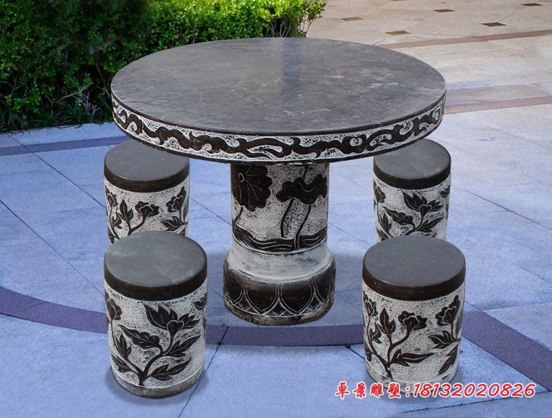 青石圆形桌凳，园林景观石雕