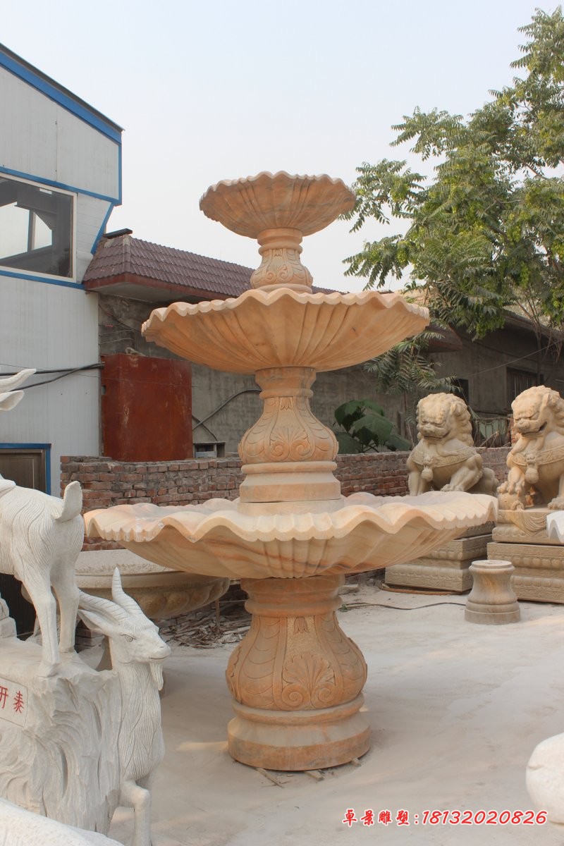 三层跌水盆雕塑晚霞红喷泉石雕 